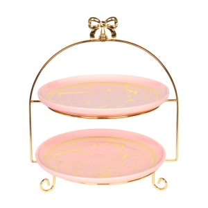 Πιατέλα κεραμική διώροφη ροζ χρυσή με μεταλλική χρυσή βάση - KESKOR 45575