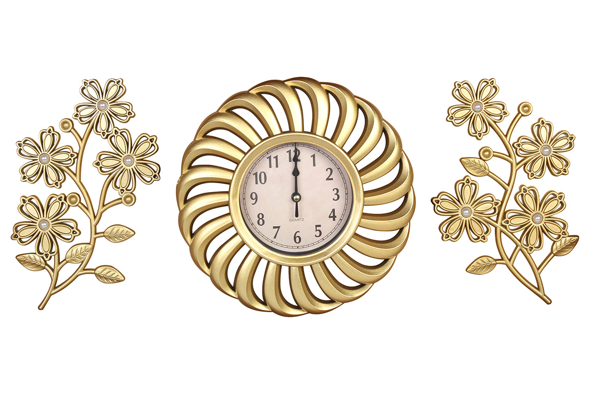 Σετ ρολόι τοίχου Φ25 εκ. και 2 διακοσμητικά πλαστικά χρυσό - KESKOR 59987
