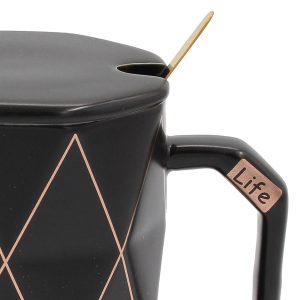 Κούπα κεραμική 360 ml Φ8,5Χ11 εκ. μαύρο χρυσό με καπάκι και κουταλάκι - KESKOR 79202-2