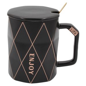 Κούπα κεραμική 360 ml Φ8,5Χ11 εκ. μαύρο χρυσό με καπάκι και κουταλάκι - KESKOR 79202-2