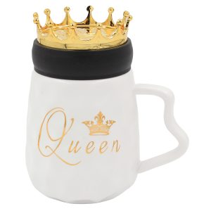 Κούπα κεραμική 430 ml Φ9Χ15 εκ. Queen λευκό χρυσό με πλαστικό καπάκι - KESKOR 79205-1
