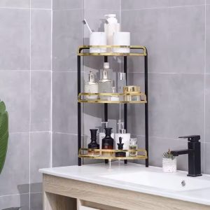 Ραφιέρα κουζίνας μεταλλική γωνιακή 24,5X24,5X56 εκ. μαύρο χρυσό με 3 ράφια - KESKOR 51347