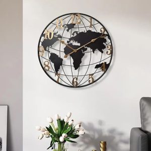 Ρολόι τοίχου μεταλλικό Φ60 εκ. World μαύρο χρυσό - KESKOR 95592