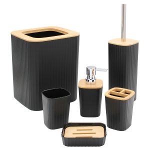 Σετ μπάνιου πλαστικό 6 τεμ Μαύρο με bamboo - KESKOR 42665-2
