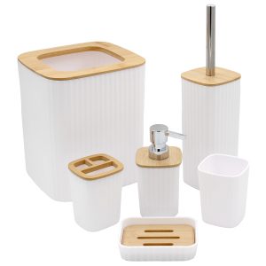 Σετ μπάνιου πλαστικό 6 τεμ Λευκό με bamboo - KESKOR 42665-3